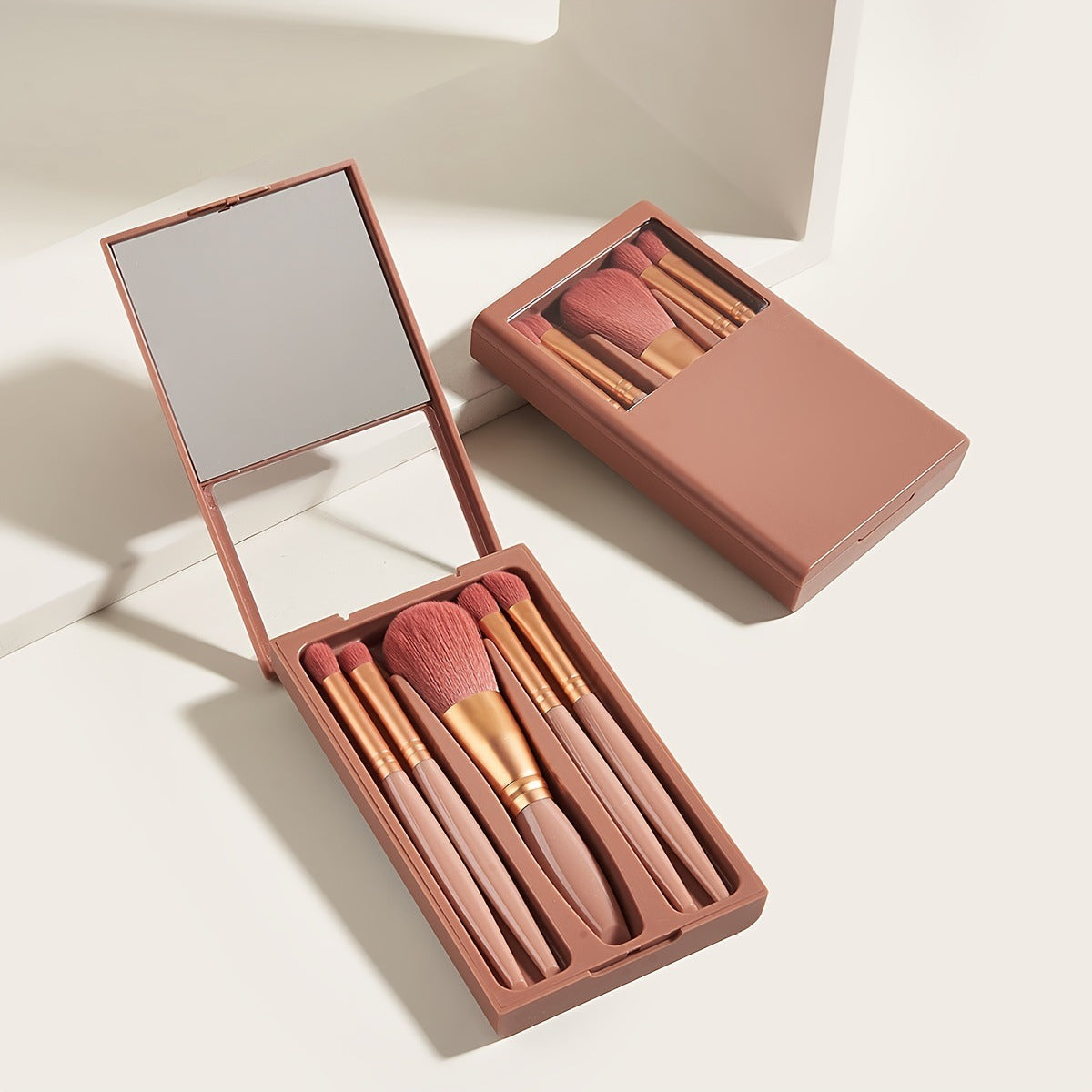 5-Piece Travel Makeup Brushes with Mirror Set: Portable Beauty On-the-Go LA ROSE BEAUTY